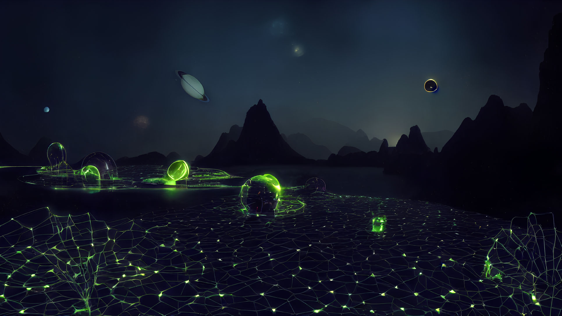 Surreal digital landscape: neon gridlines, glowing shapes, planets, dark sky.