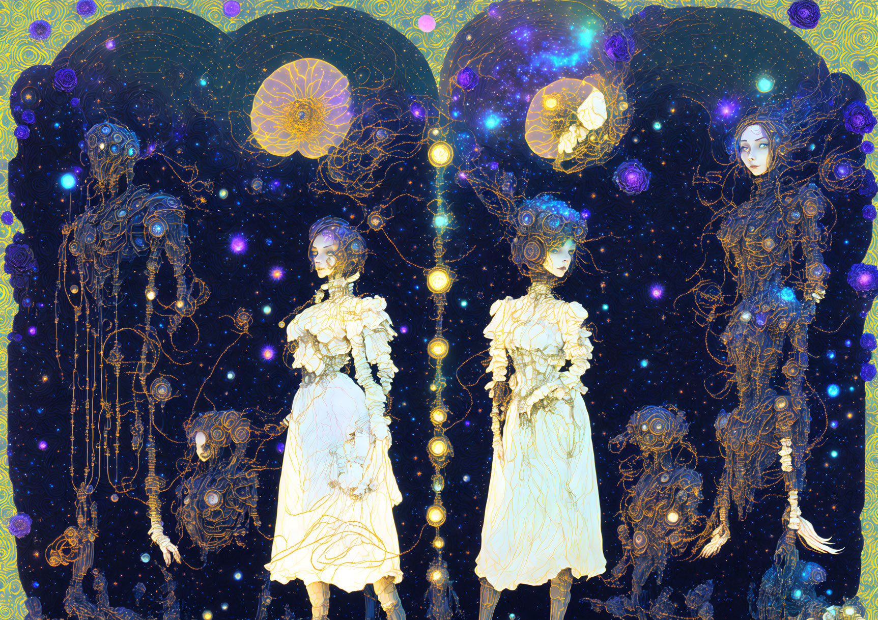 Ethereal figures with cosmic hairstyles in vibrant starry scene