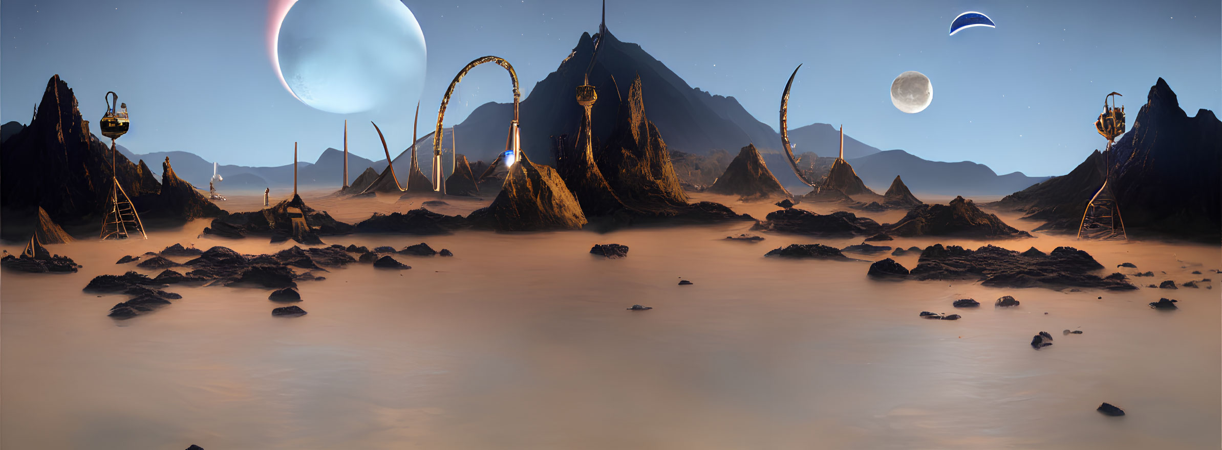 Panoramic alien landscape with cable cars, ring structures, and celestial bodies