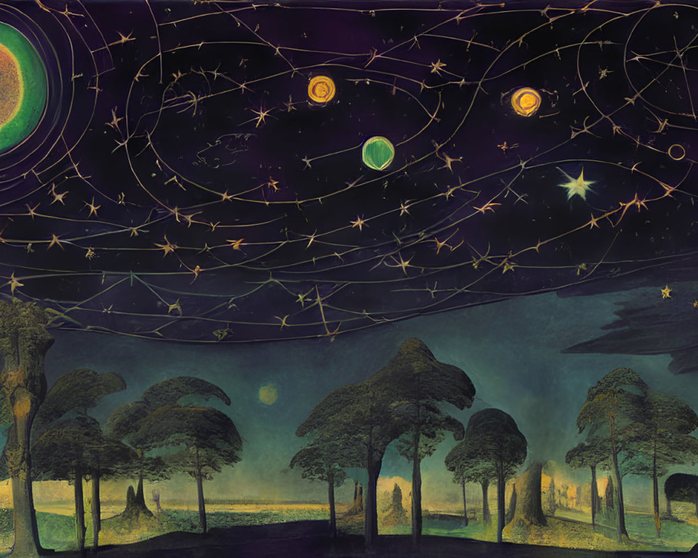 Mystical forest landscape with starry sky and planetary orbits