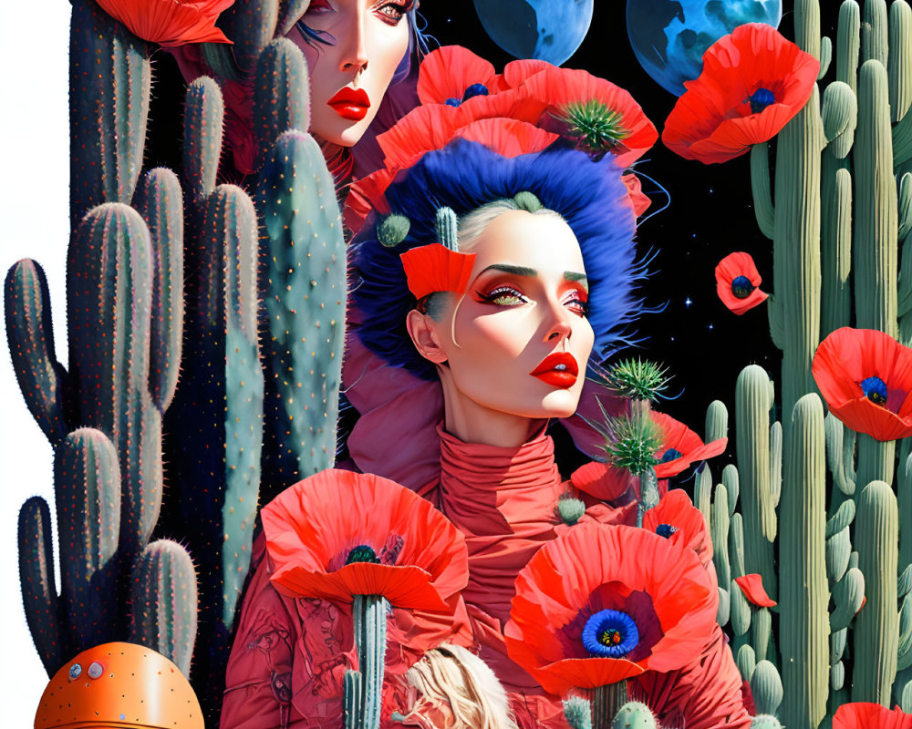 Colorful artwork: female figures with blue hair in surreal desert landscape