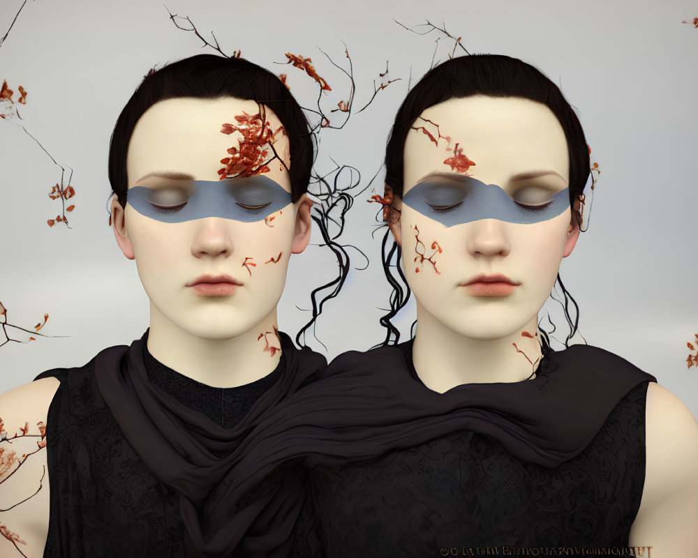 Porcelain-like figures with blindfolds and red floral accents on neutral background