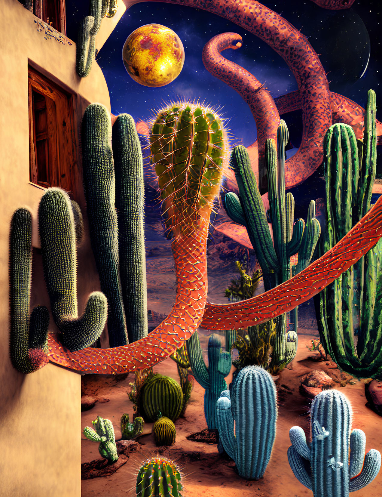 Surreal desert landscape with cacti and octopus tentacles under starry sky