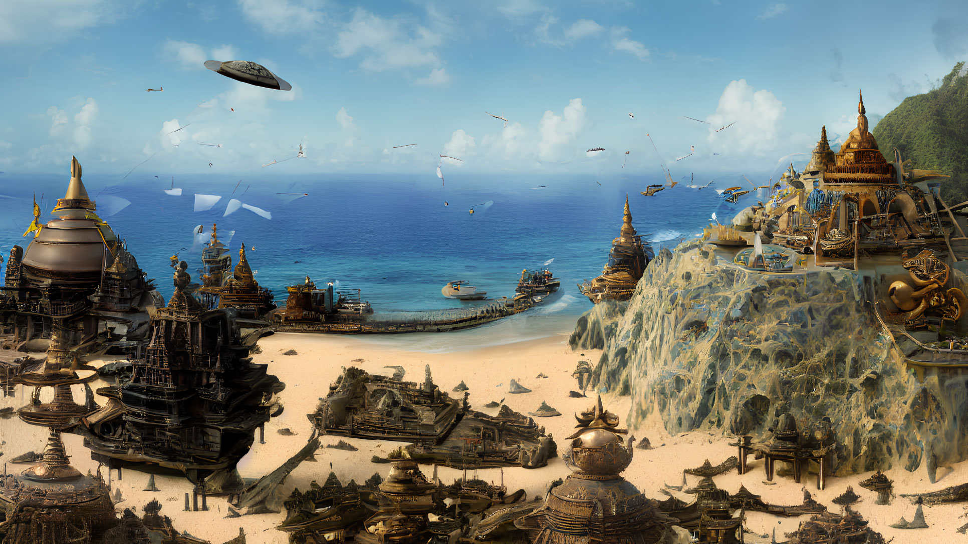 Panoramic fantasy landscape with ornate buildings, beach, ocean, ships, flying creatures, and
