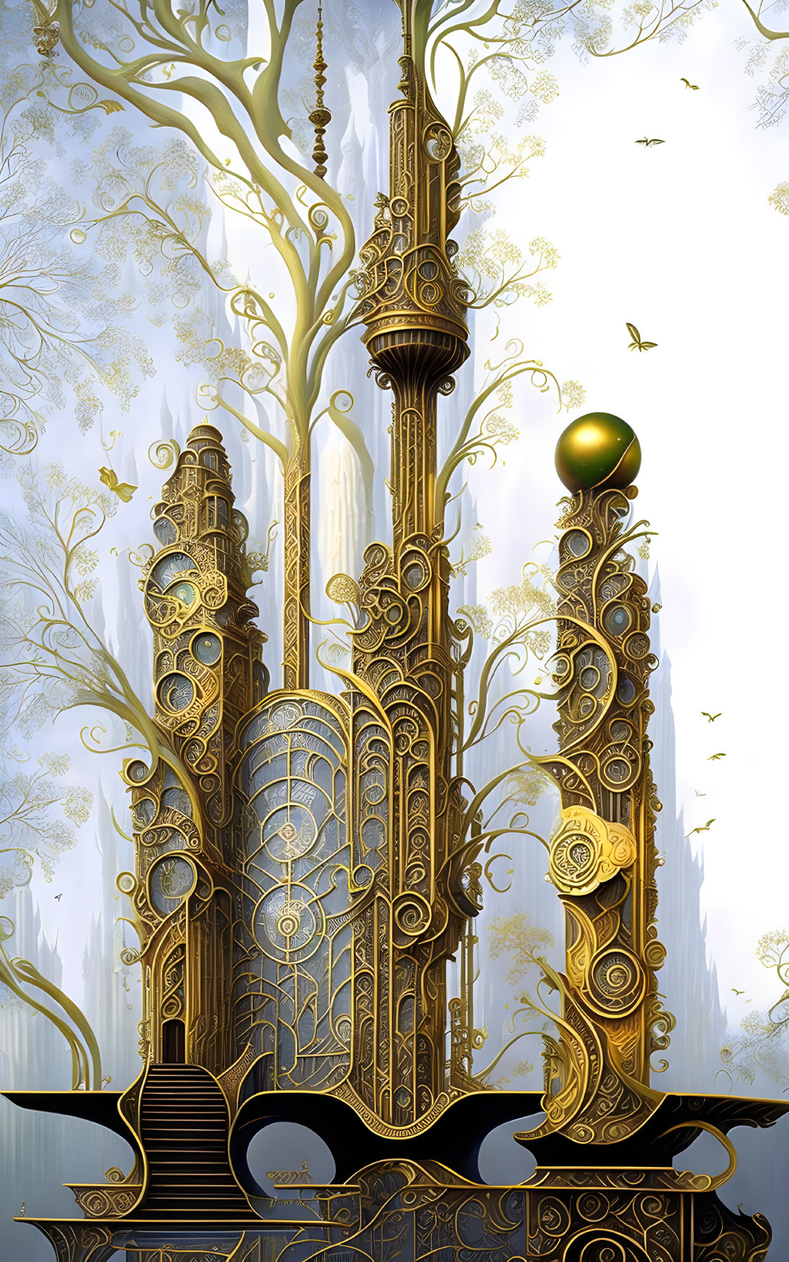 Intricate Golden Fantasy Architecture in Serene Forest