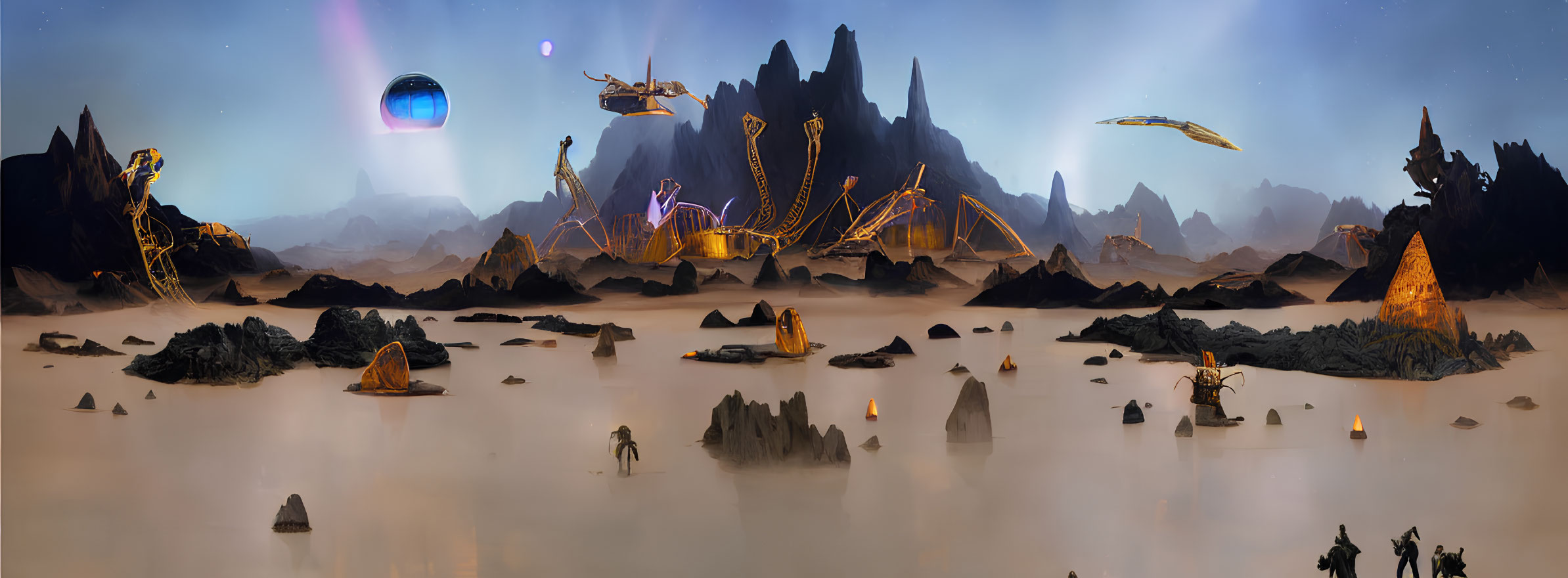 Extraterrestrial landscape with mountains, machinery, beings, and ships