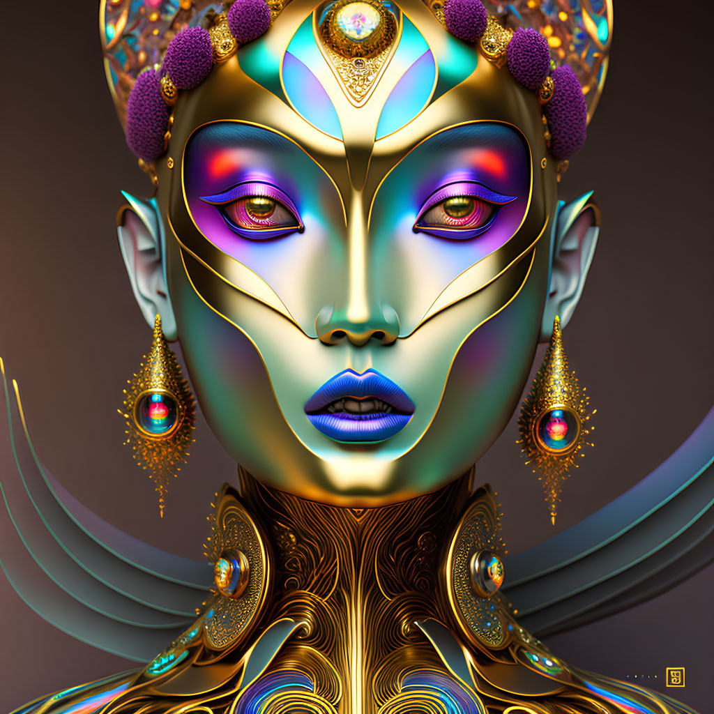 Detailed Stylized Figure with Golden Headdress and Ornate Jewelry