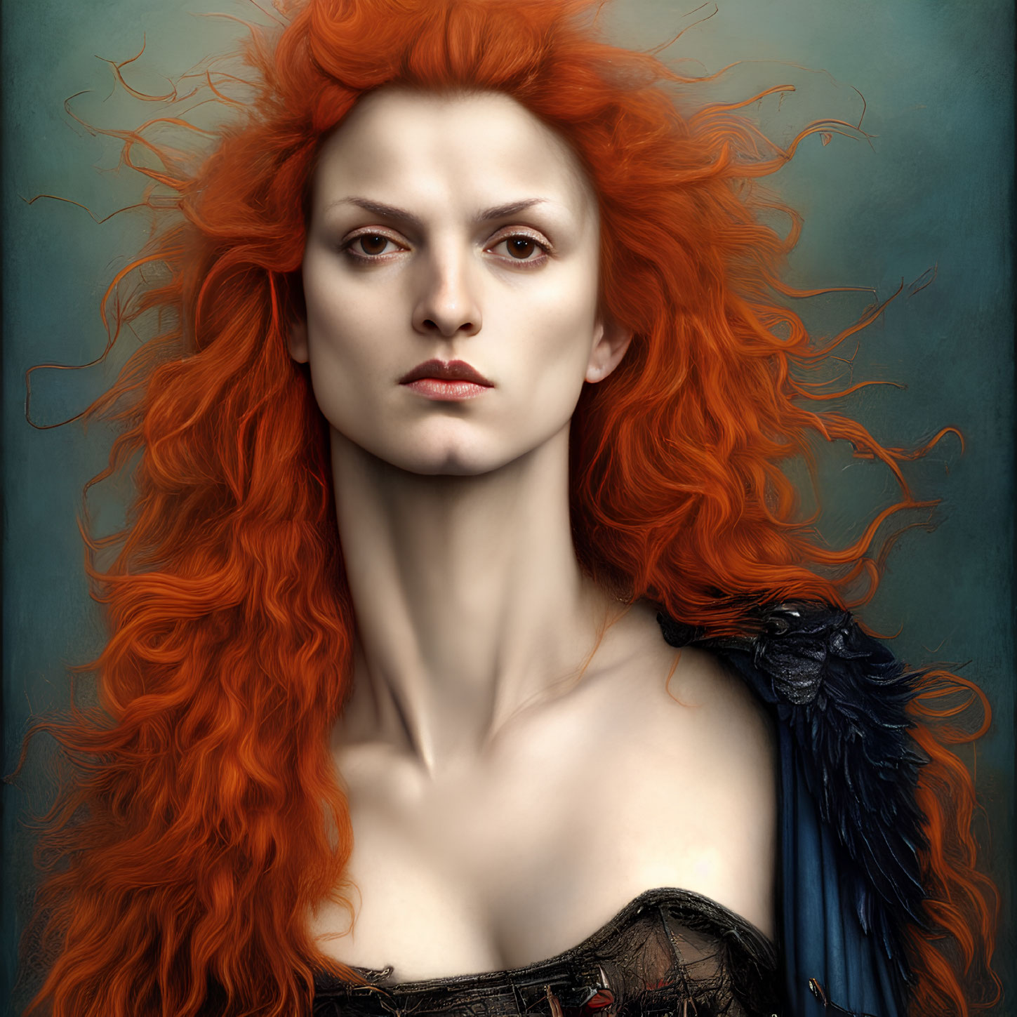 Portrait of Woman with Vivid Red Hair and Dark Feathered Garment