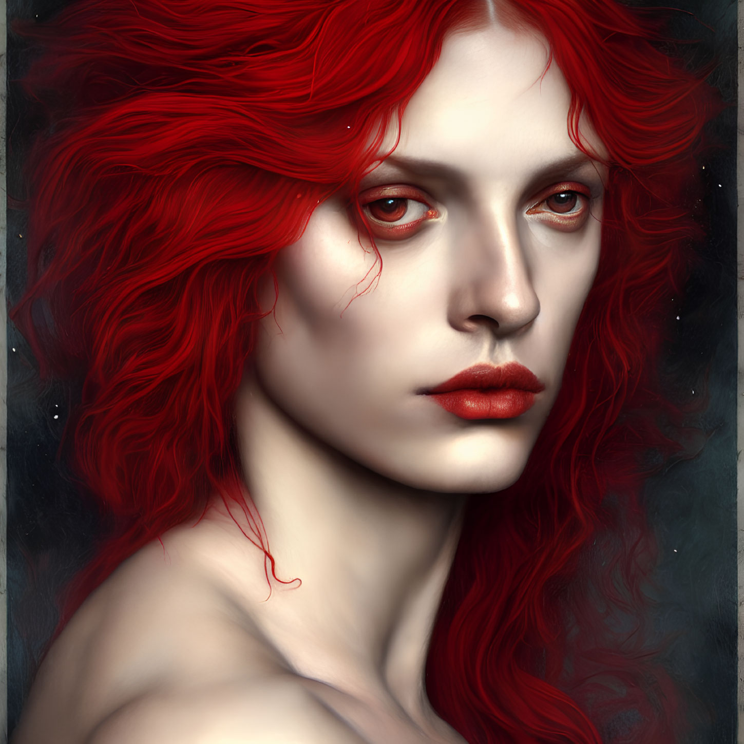 Portrait of a person with vibrant red hair, red eyes, and pale skin
