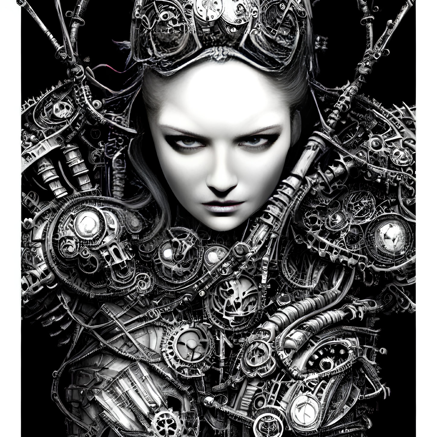 Futuristic humanoid figure with mechanical headdress and armor on black background