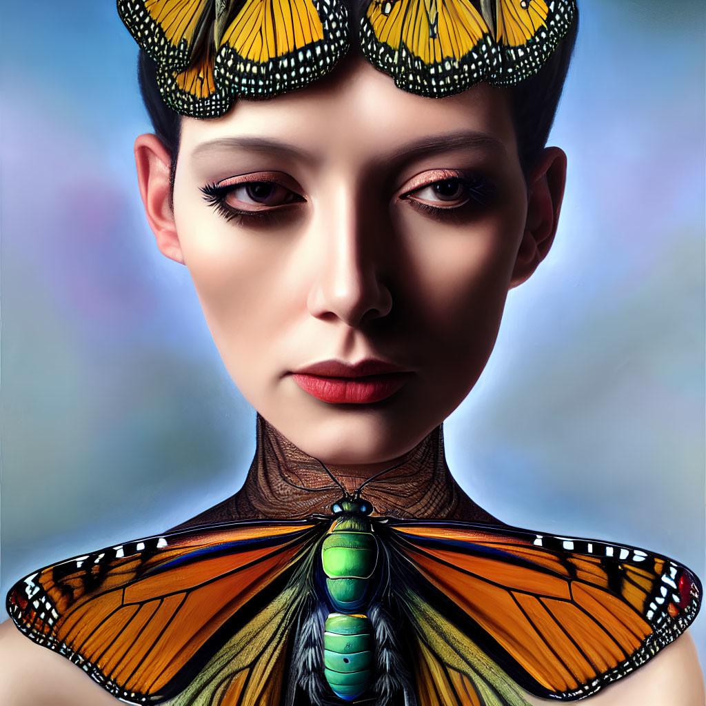Vibrantly colored surreal portrait of a woman with butterfly wings collar