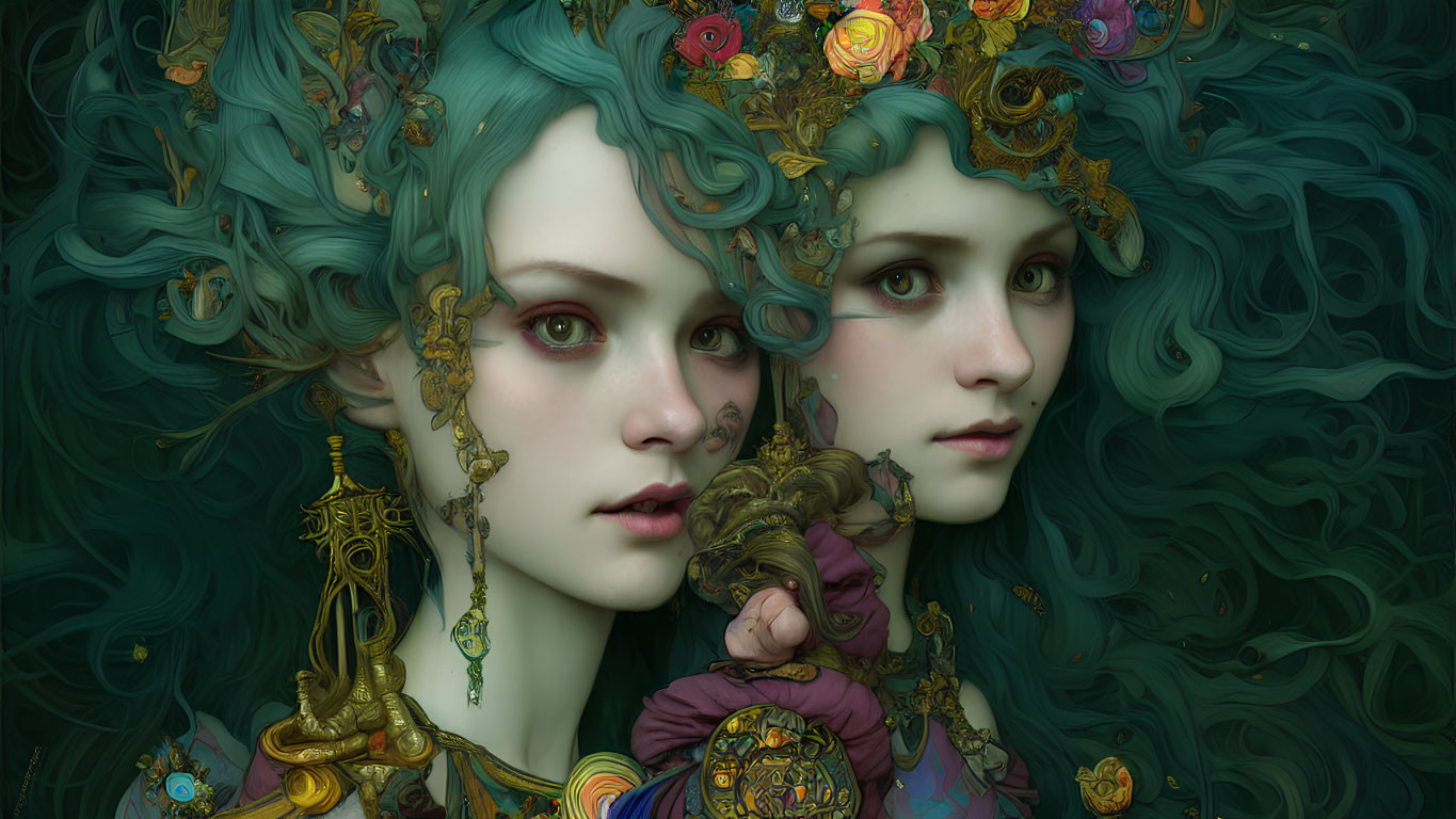 Fantasy-themed artwork of two female figures with green swirling hair and intricate jewelry.