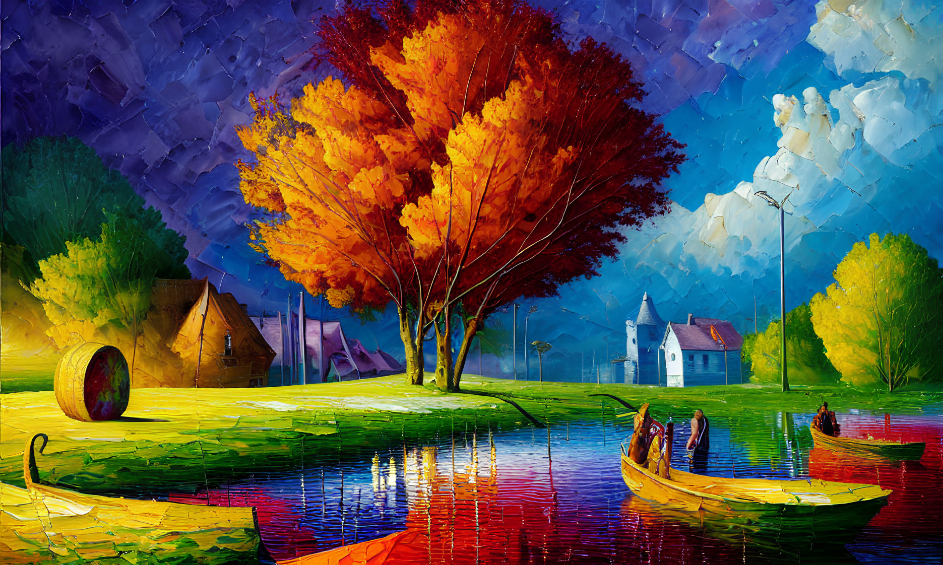 Vivid Impressionistic Painting of Autumn Tree, River, Boats, and Houses