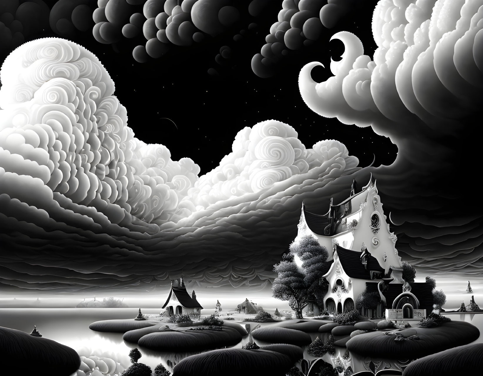 Surreal grayscale landscape with moon, clouds, whimsical trees, and gothic house