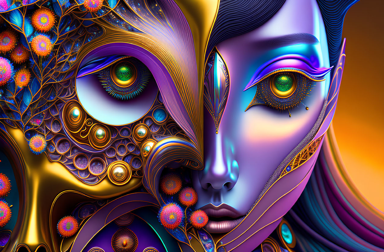 Colorful Abstract Digital Artwork: Fractal-Inspired Face with Hypnotic Eyes