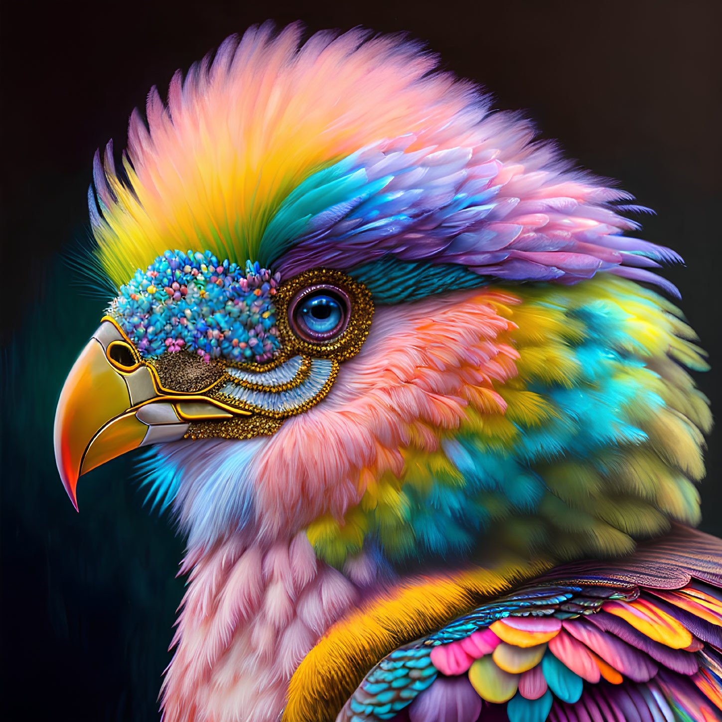 Colorful bird digital artwork with rainbow plumage and golden beak ring