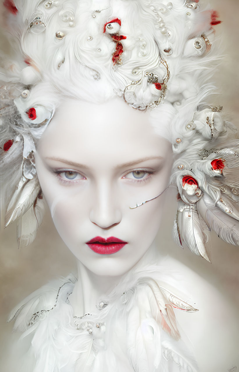 Woman portrait with ornate white headdress, feathers, jewels, red accents, pale skin, red