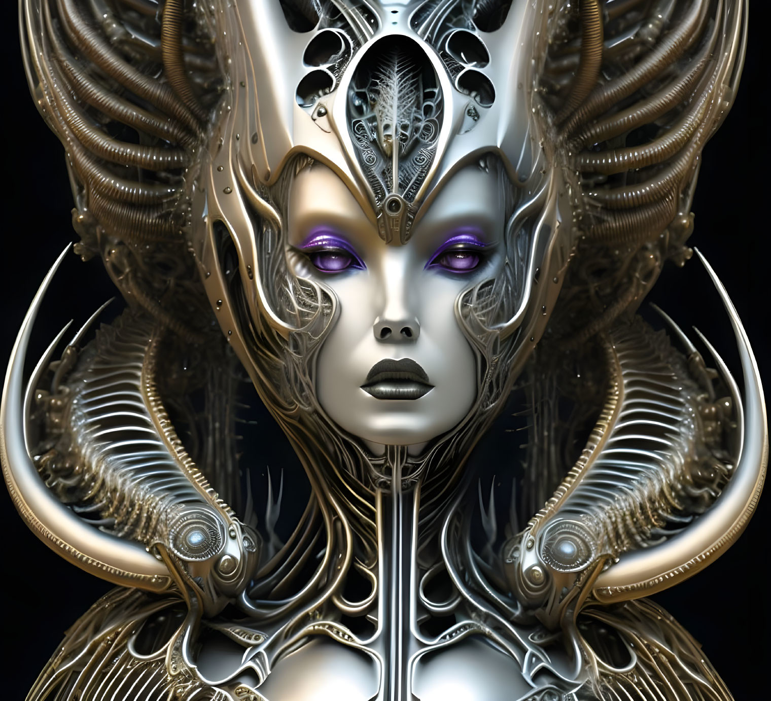 Detailed Futuristic Digital Artwork of Female Figure with Metallic Headgear
