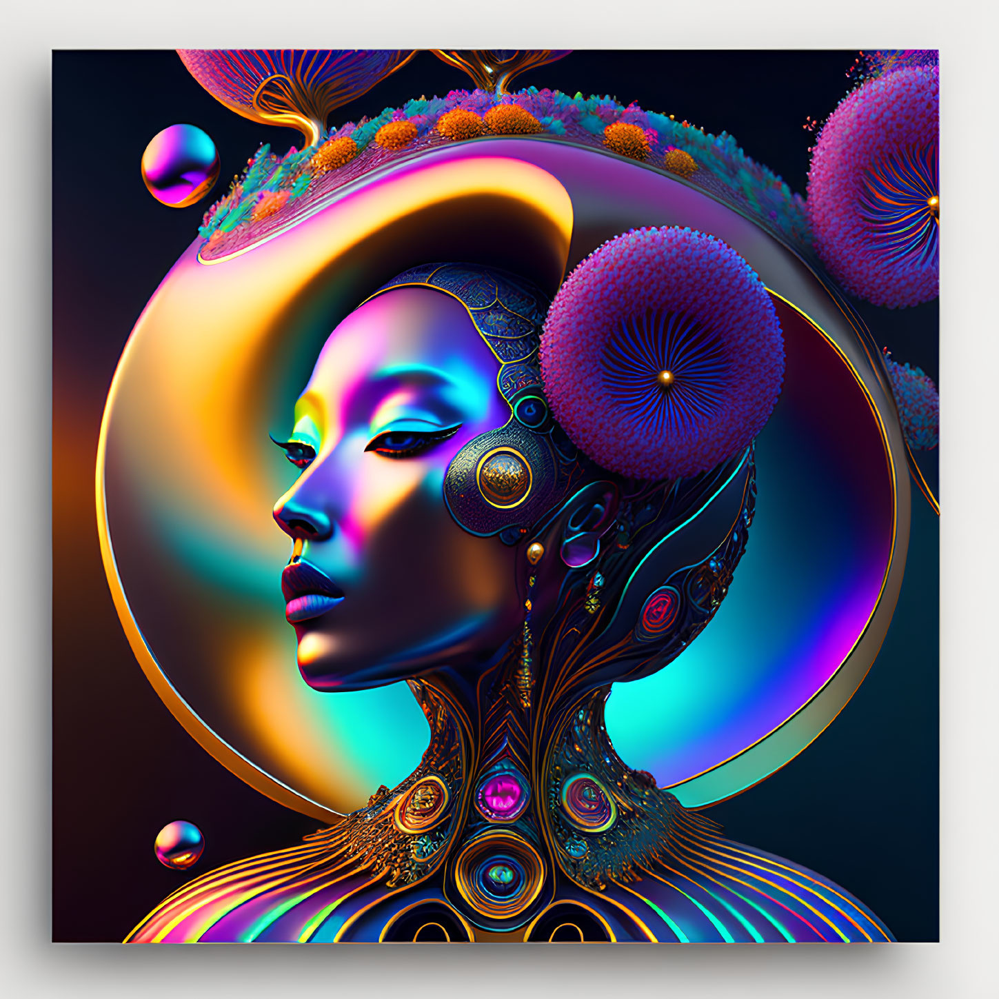 Colorful digital artwork of woman with futuristic headgear and surreal elements