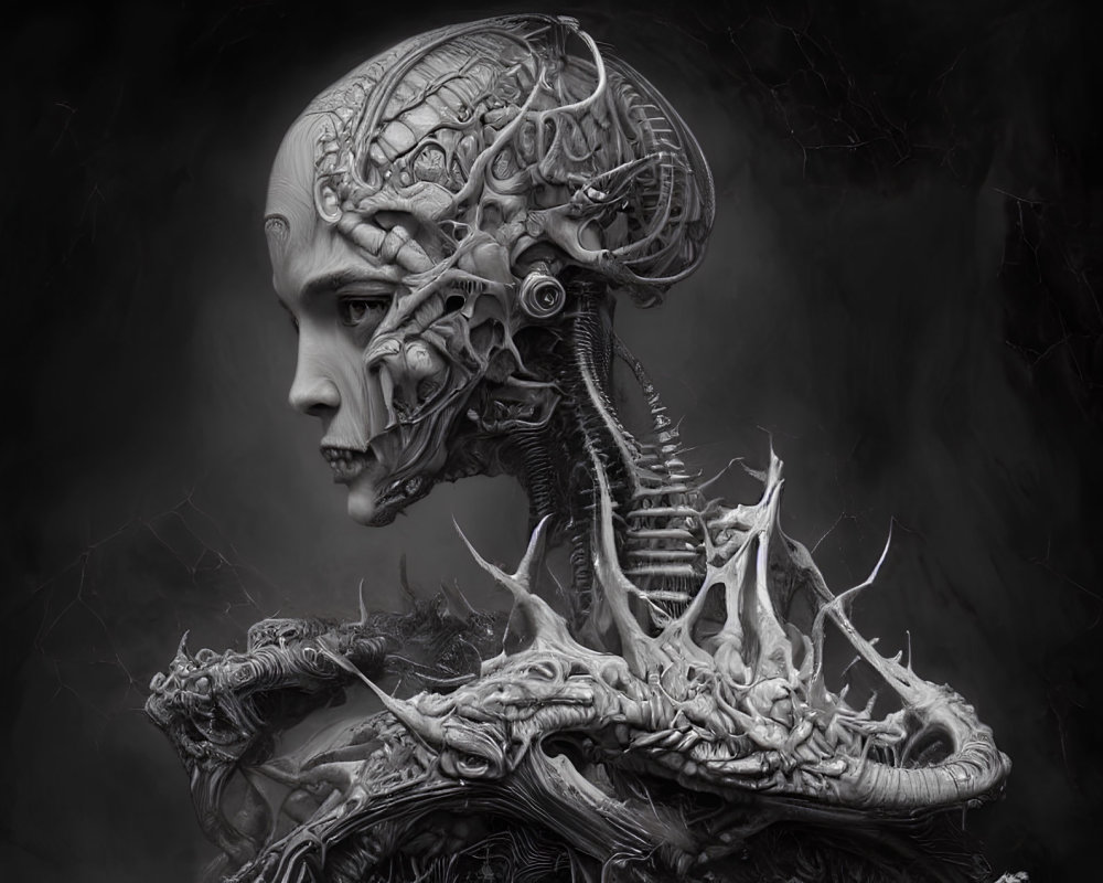 Monochromatic digital art of humanoid figure with biomechanical head