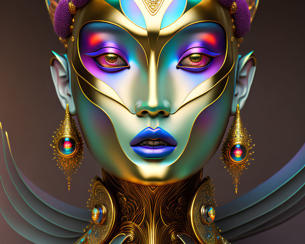 Detailed Stylized Figure with Golden Headdress and Ornate Jewelry