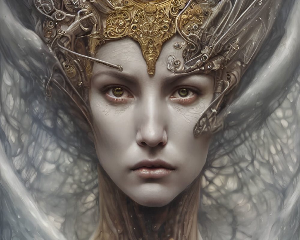 Detailed portrait of ethereal female figure with golden clockwork headgear against swirling tree-like backdrop