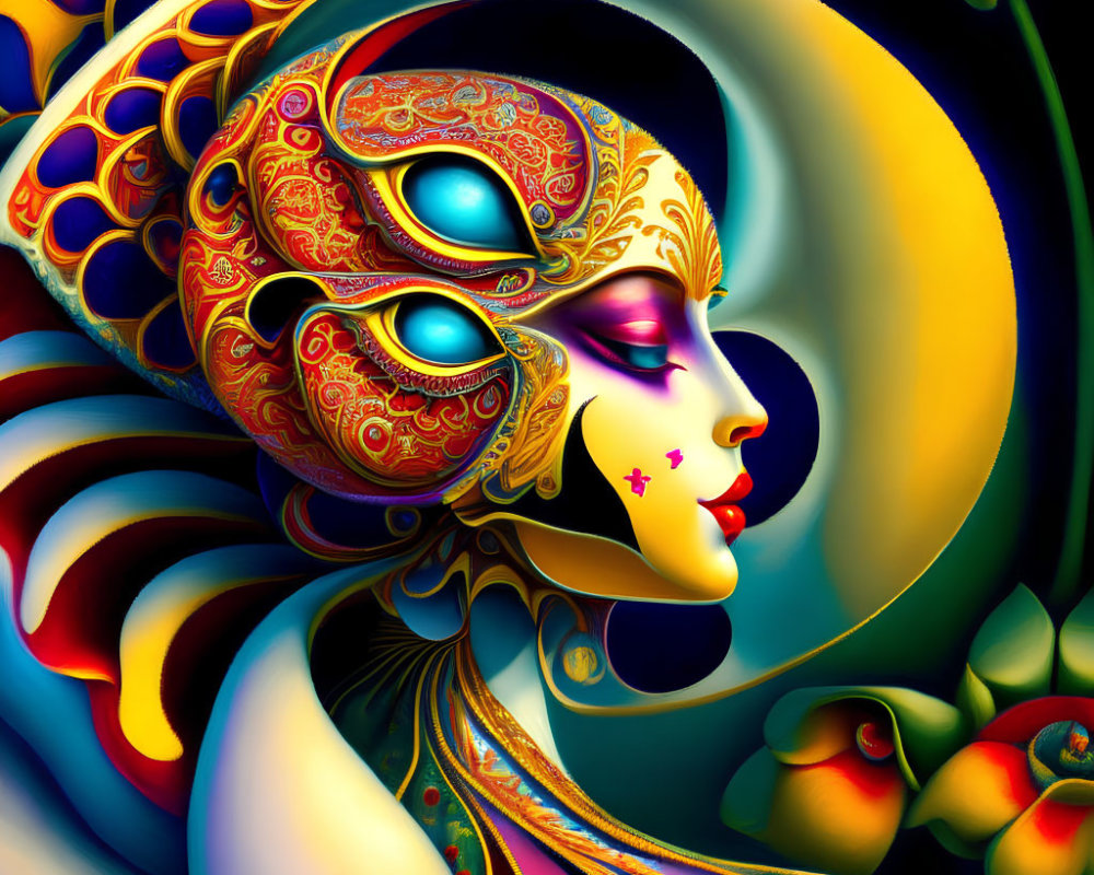 Colorful digital artwork of a stylized woman with elaborate headgear and makeup