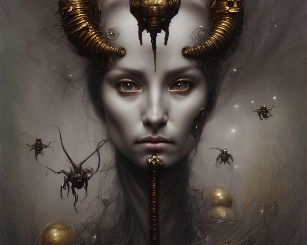 Surreal portrait of person with pale skin and ornate mechanical insect headdress