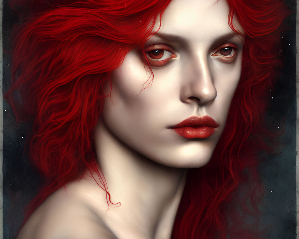 Portrait of a person with vibrant red hair, red eyes, and pale skin