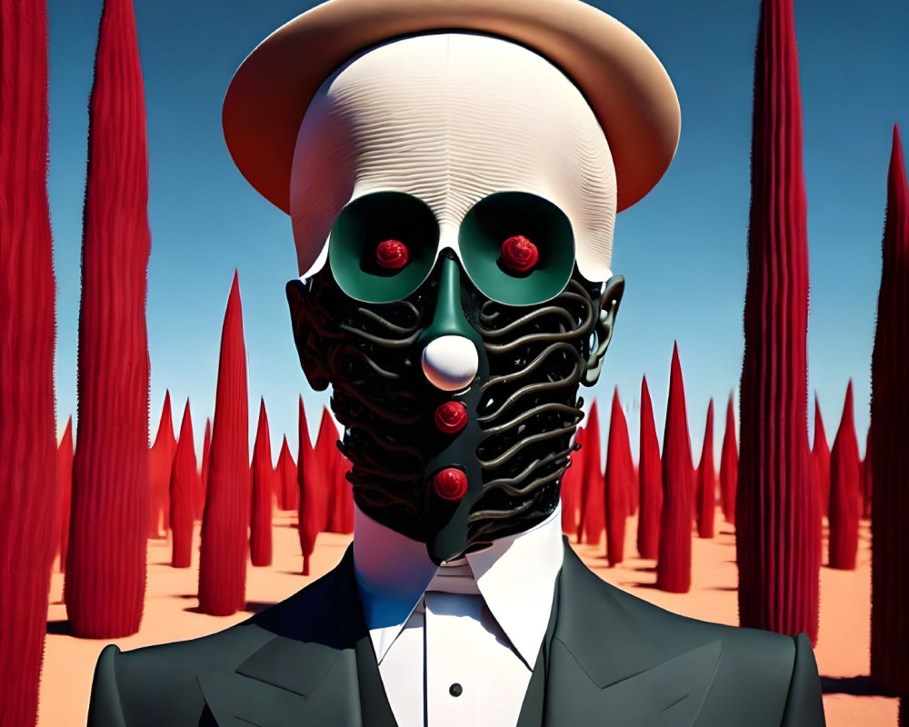 Surreal portrait of figure in bowler hat with red-tinted glasses and decorative mask against