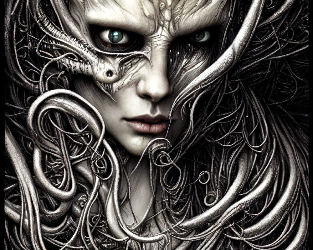 Fantasy illustration of pale-skinned creature with green eyes and intricate textures