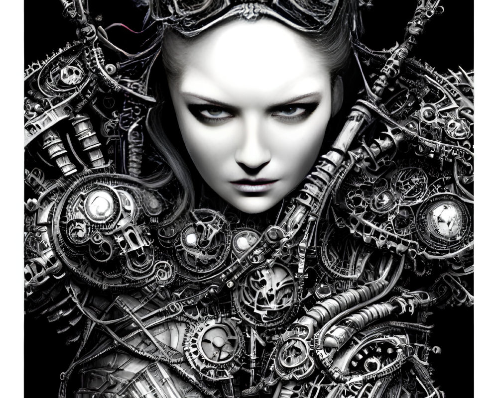 Futuristic humanoid figure with mechanical headdress and armor on black background