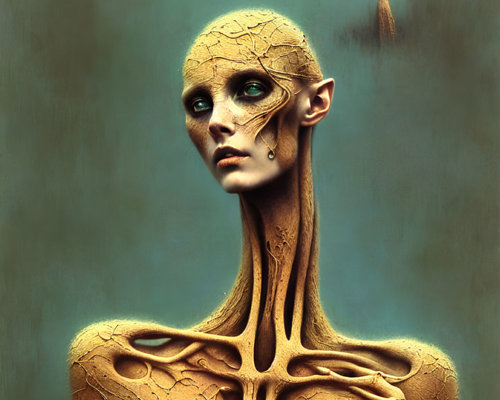 Golden-skinned humanoid with tree-like neck veins and small figure on head
