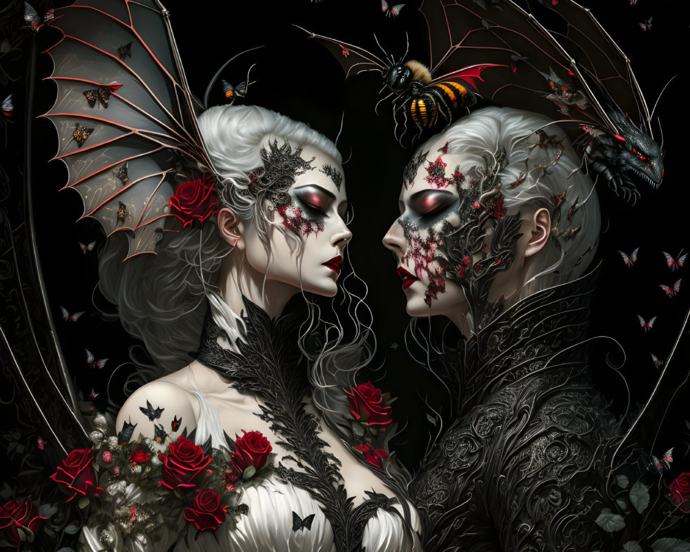 Gothic individuals with bat-wing headpieces, roses, and butterflies