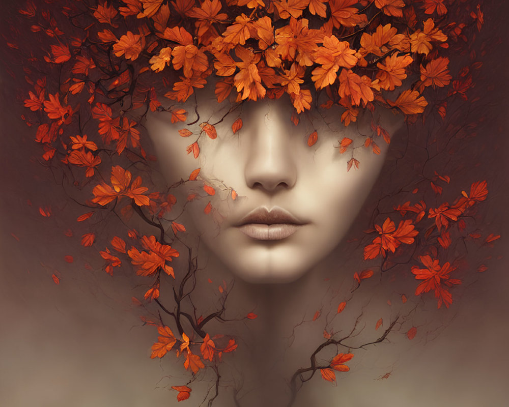 Autumn leaves crown surreal face in serene portrait