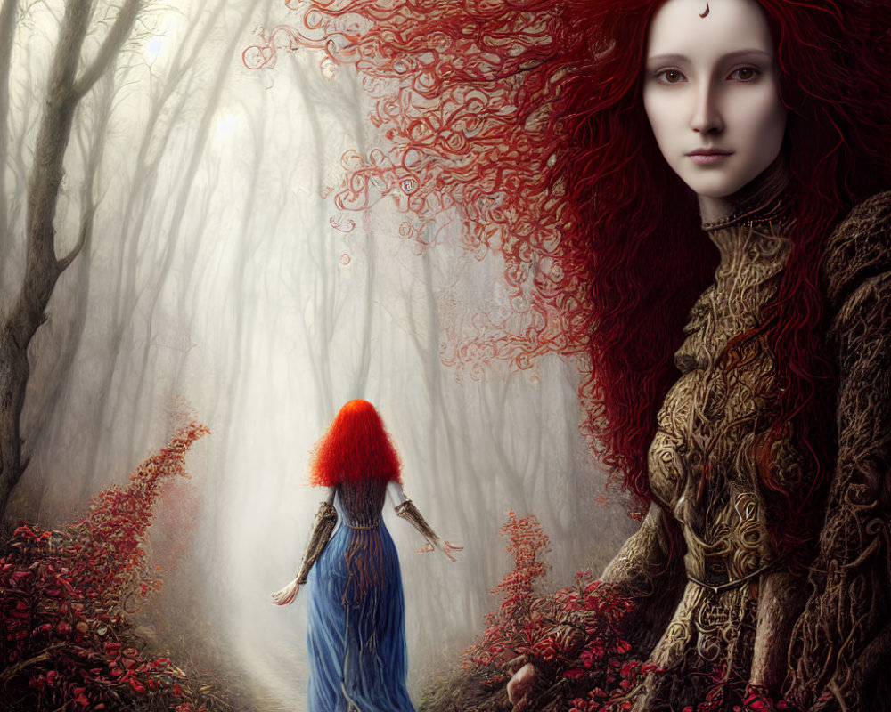 Surreal portrait of woman with red hair in enchanted forest