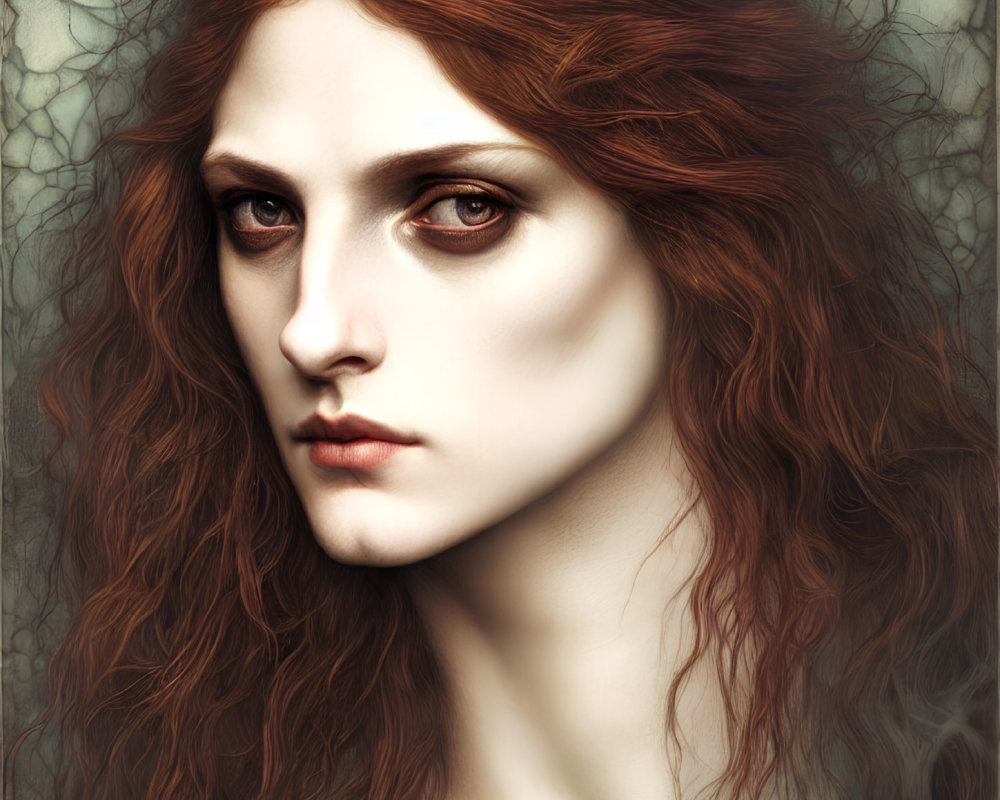 Digital portrait of woman with flowing red hair and intense gaze against tree branch-like background
