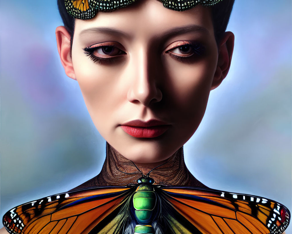 Vibrantly colored surreal portrait of a woman with butterfly wings collar