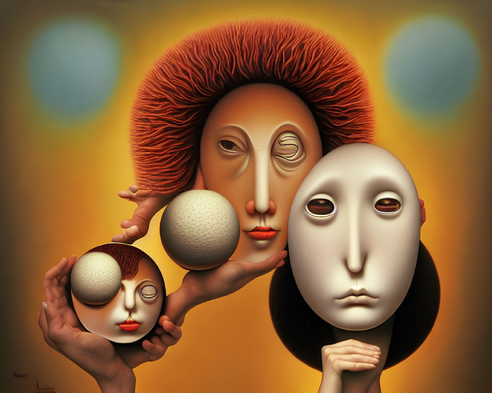 Surrealistic Painting: Disproportionate Faces & Spheres in Warm Palette
