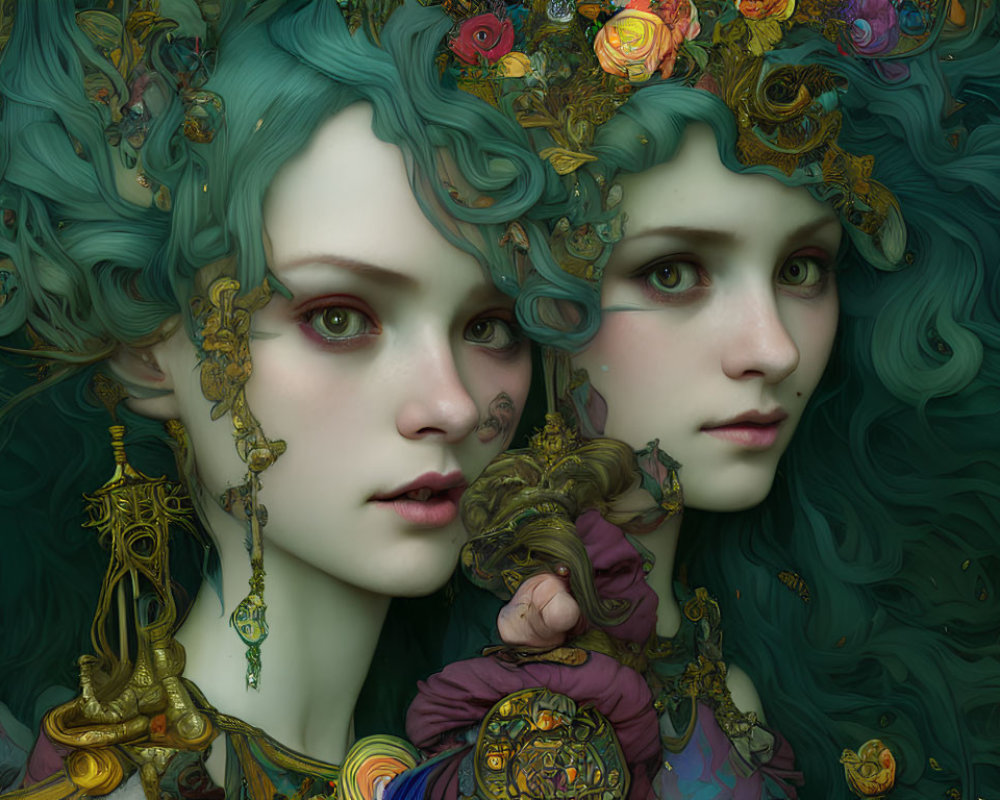 Fantasy-themed artwork of two female figures with green swirling hair and intricate jewelry.