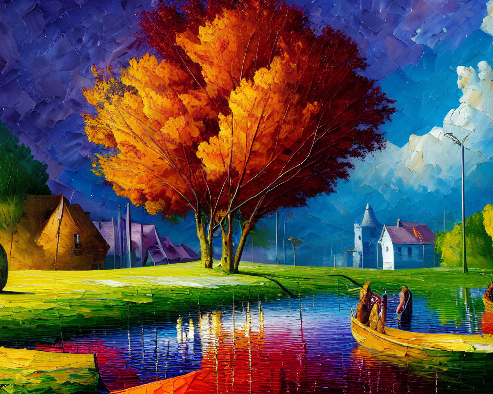 Vivid Impressionistic Painting of Autumn Tree, River, Boats, and Houses