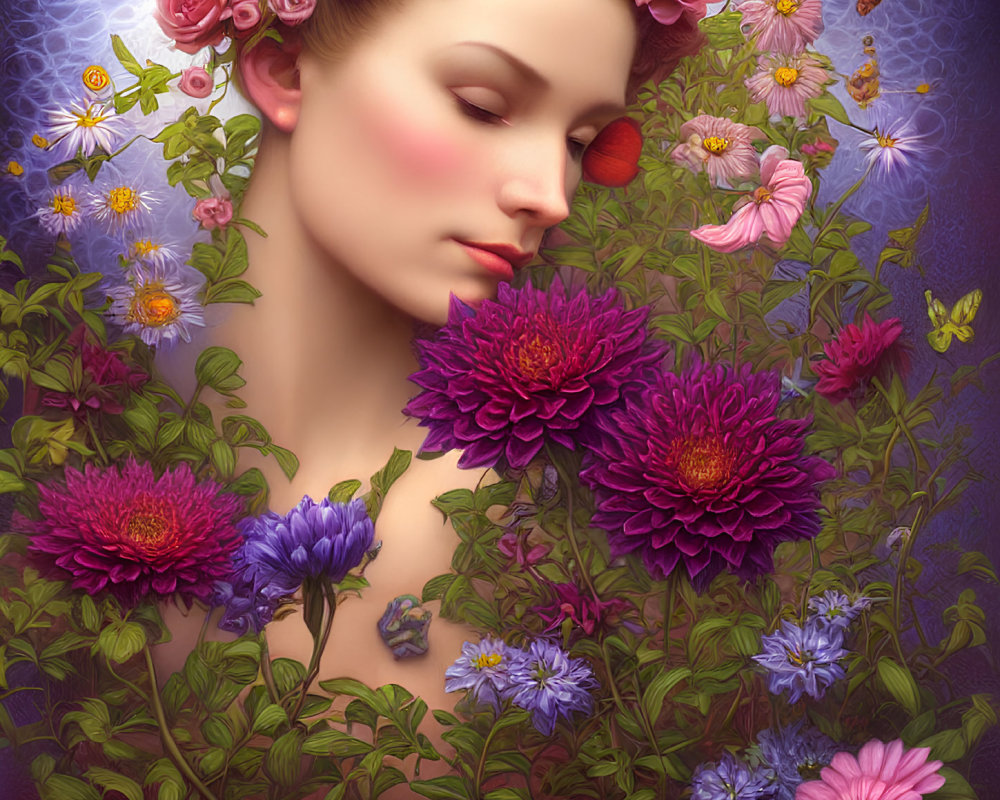Portrait of serene woman with vibrant flowers and bee.