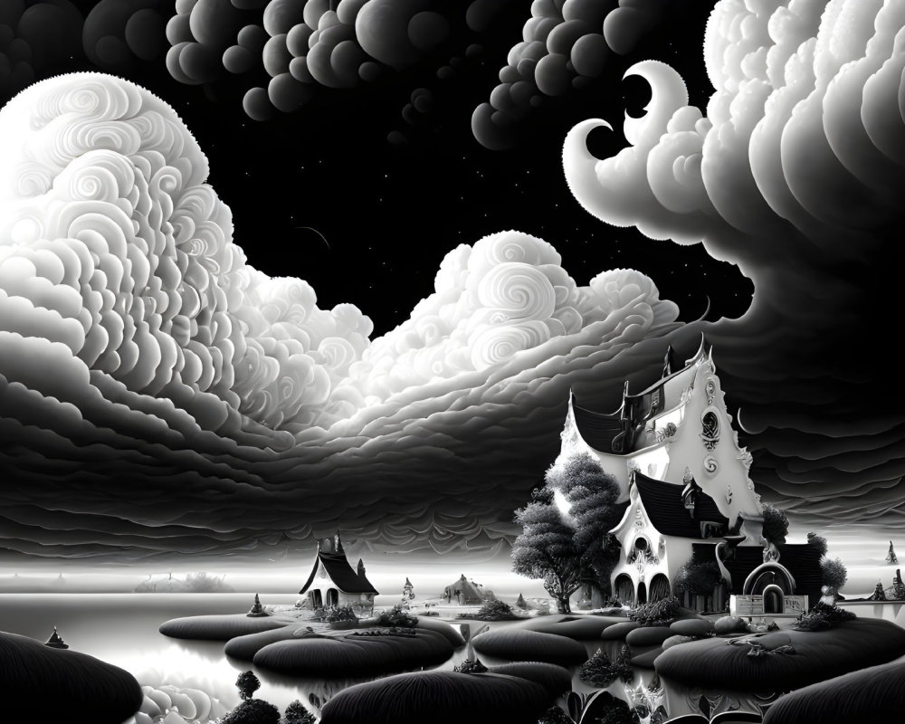 Surreal grayscale landscape with moon, clouds, whimsical trees, and gothic house