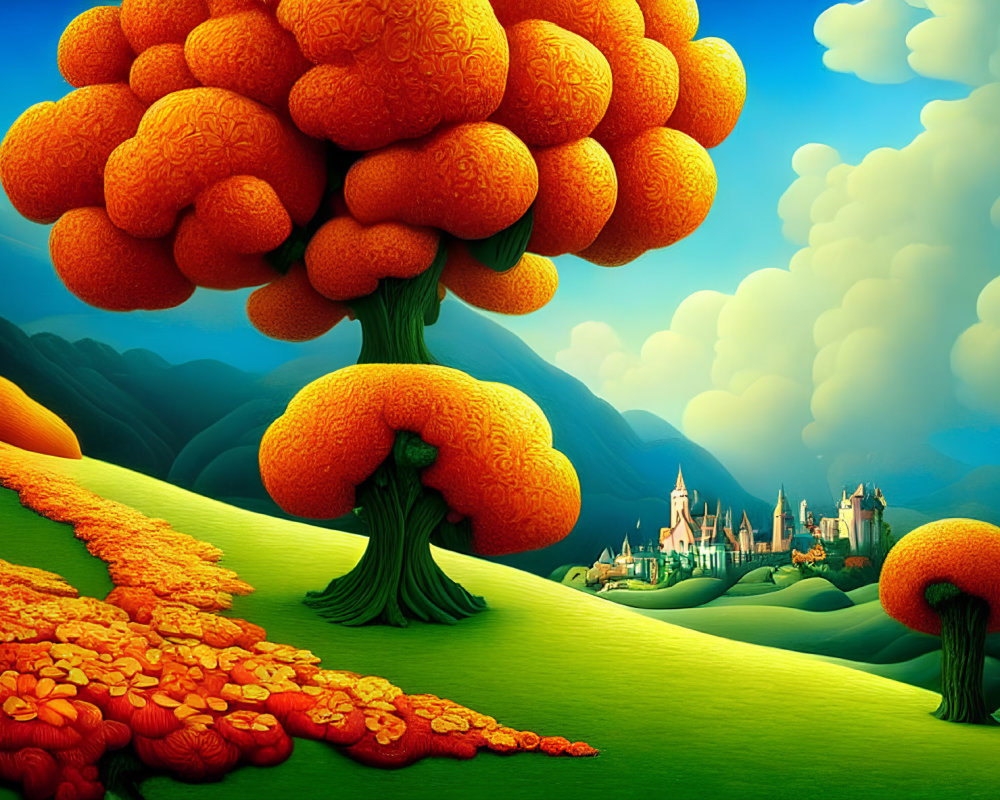 Surreal landscape with orange trees, flower path, and distant castle