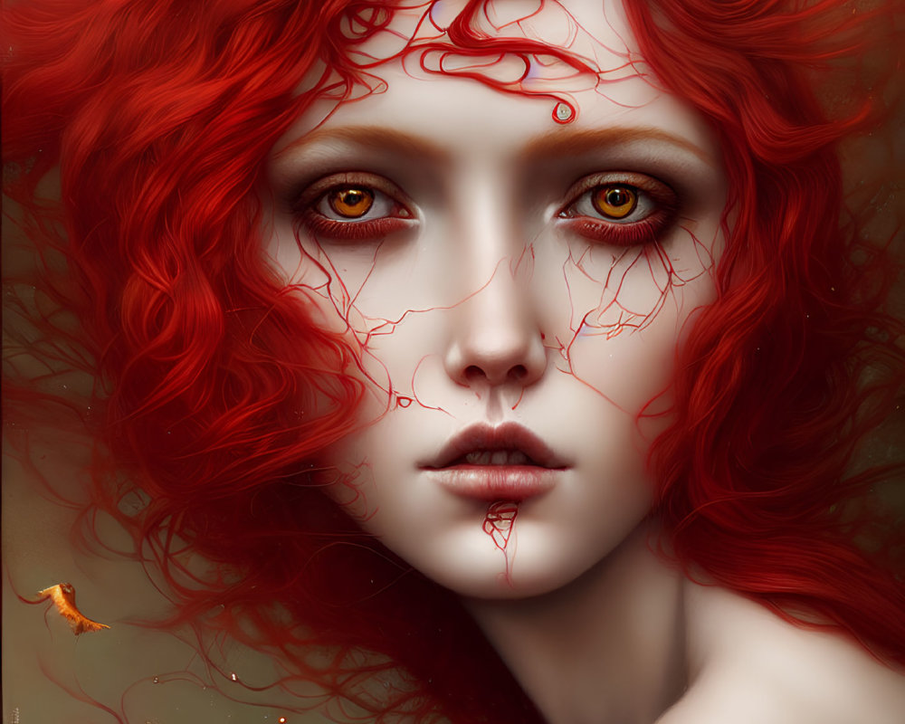 Digital artwork featuring female figure with red hair and golden eyes