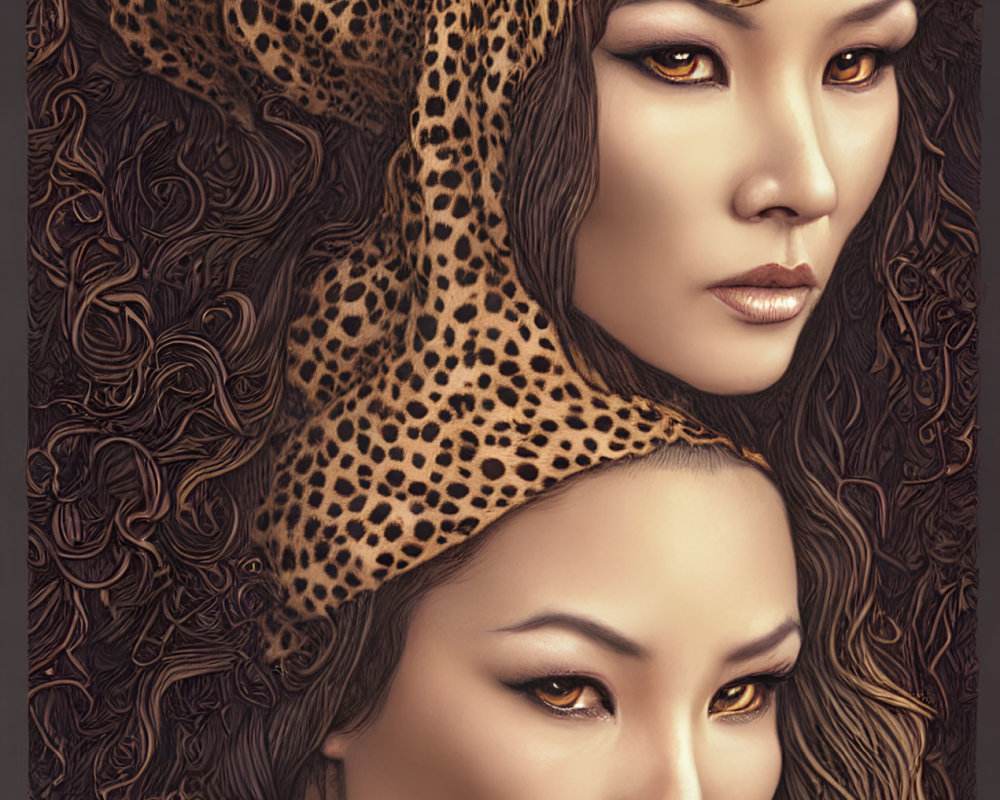 Illustration of two women in leopard print head-wear with intense gazes and intricate background patterns