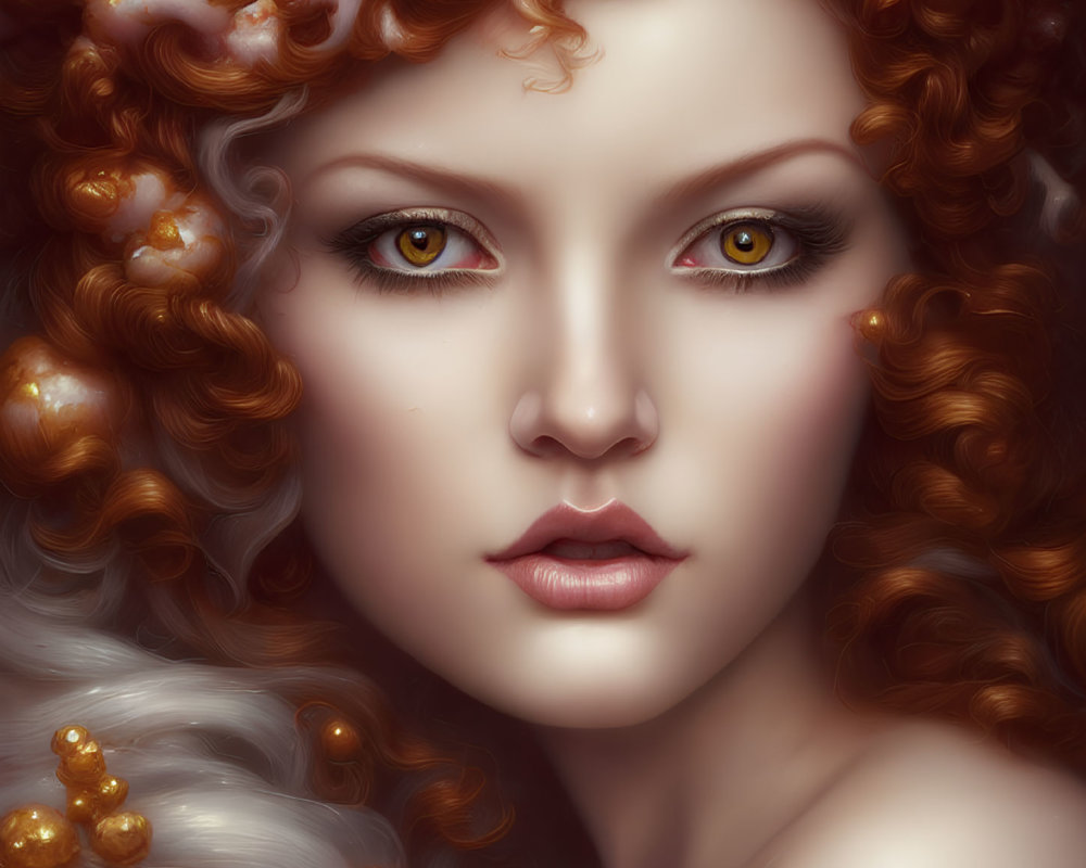 Portrait of a woman with auburn hair, fair skin, and amber eyes adorned with pearls and
