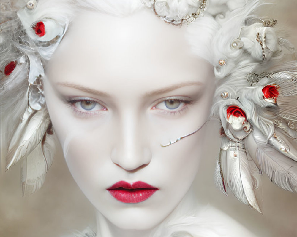 Woman portrait with ornate white headdress, feathers, jewels, red accents, pale skin, red