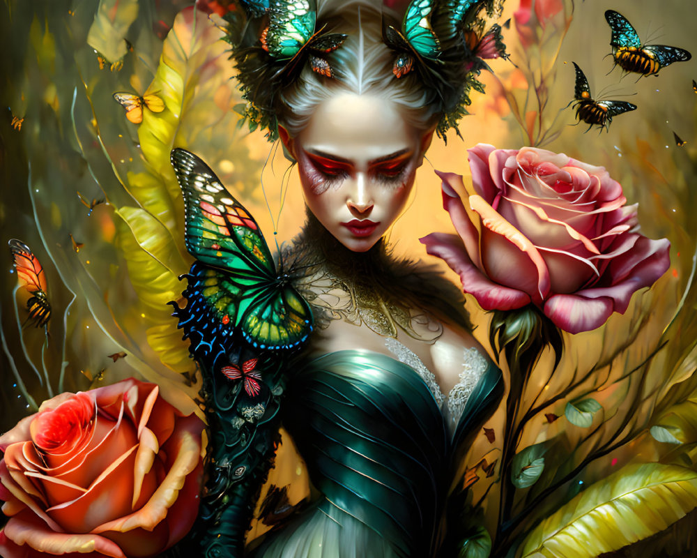 Fantasy portrait of woman with butterfly wings and roses