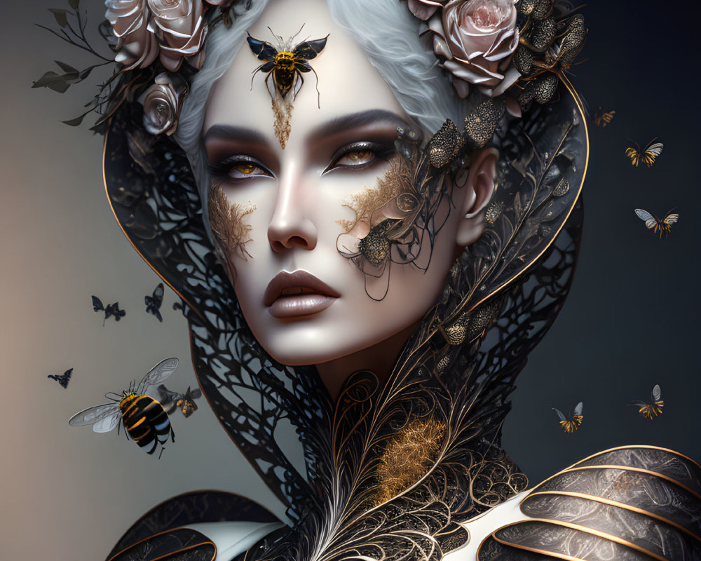 Fantasy portrait with white hair, roses, bees, golden facial designs, black & gold attire